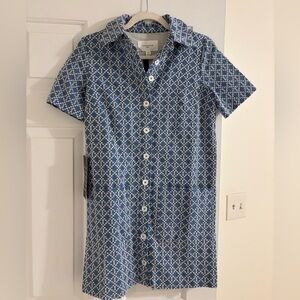 Pomander Place Blue and White Geometric Button-Front Shirt Dress